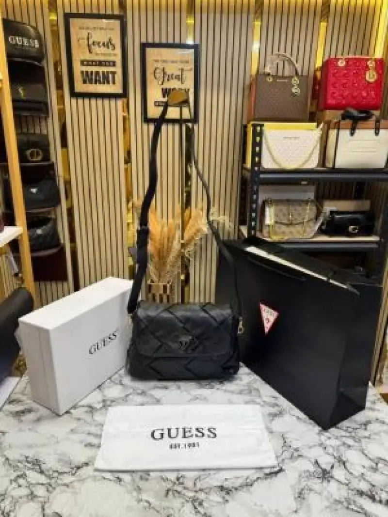 Guess Quilted Crossbody Bag With Box And Dust Bag Including Carry Bag Black