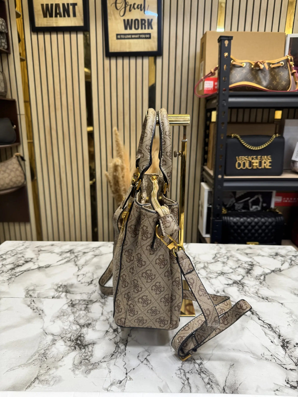 Guess Monogram Logo Satchel Bag Beige With Dust Bag