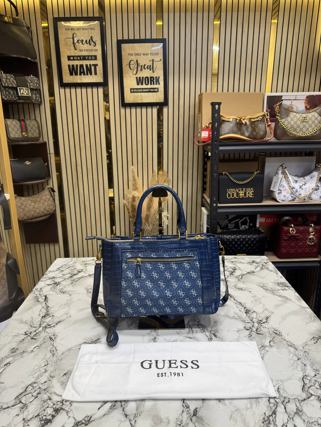 Guess Monogram Logo Satchel Bag Navy Blue With Dust Bag