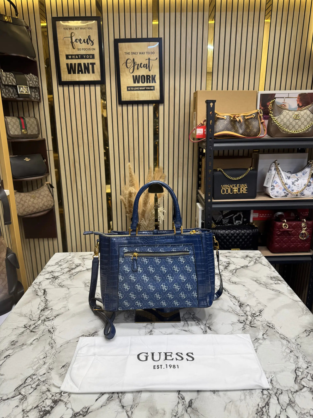 Guess Monogram Logo Satchel Bag Navy Blue With Dust Bag