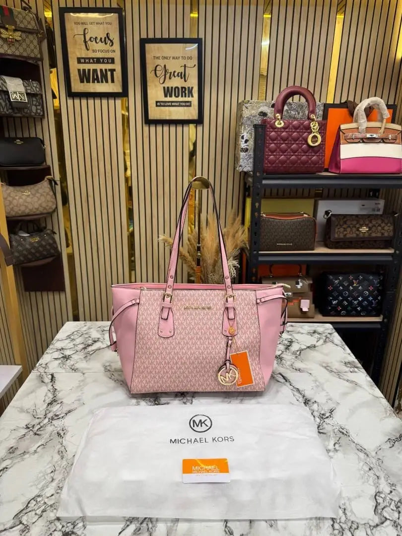Michael Kors Jet Set Travel Signature Logo Large Top-Zip Tote Bag With Dust Bag Pink