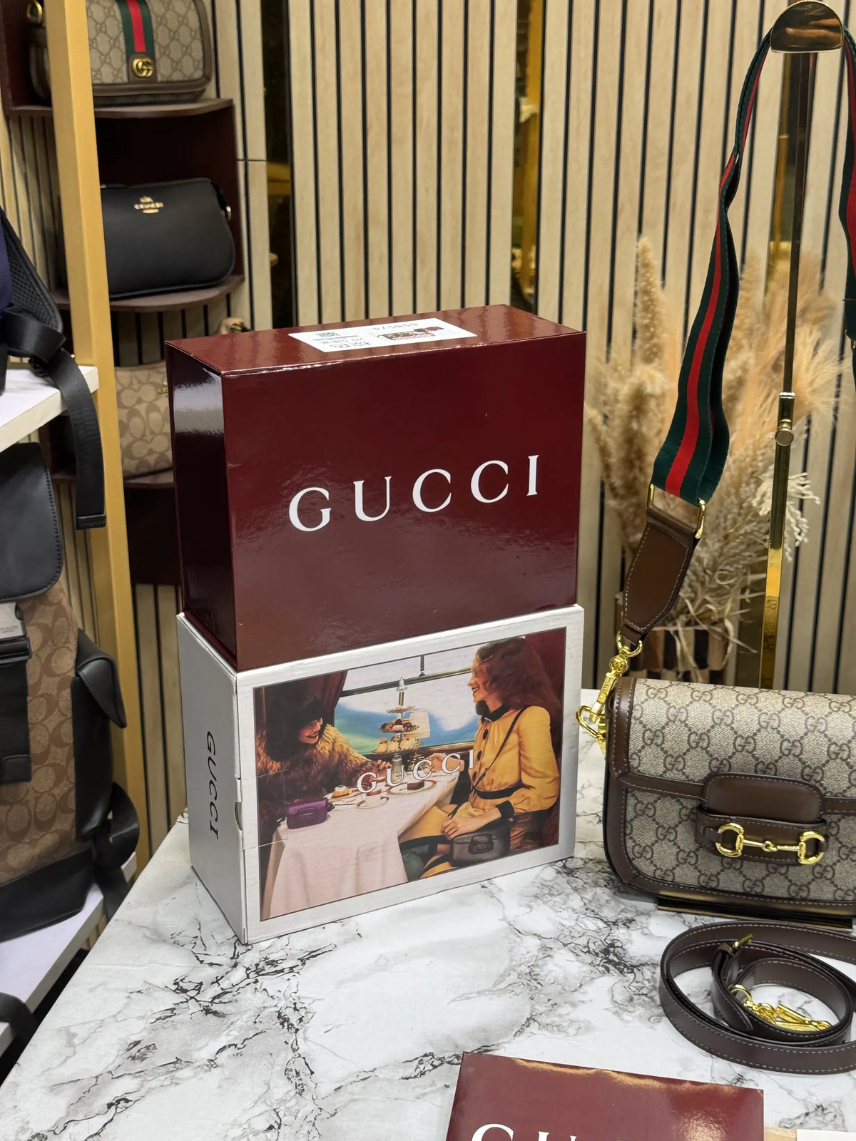 Gucci Horsebit 1955 Shoulder Bag GG Supreme Brown With Double Box Carry Bag  Dust Bag 658574