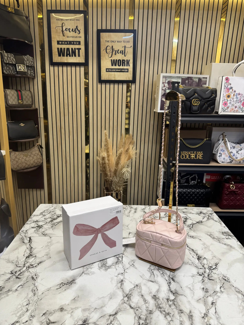 Charles  Keith Alva Quilted Top Handle Bag With OG Box  Pink