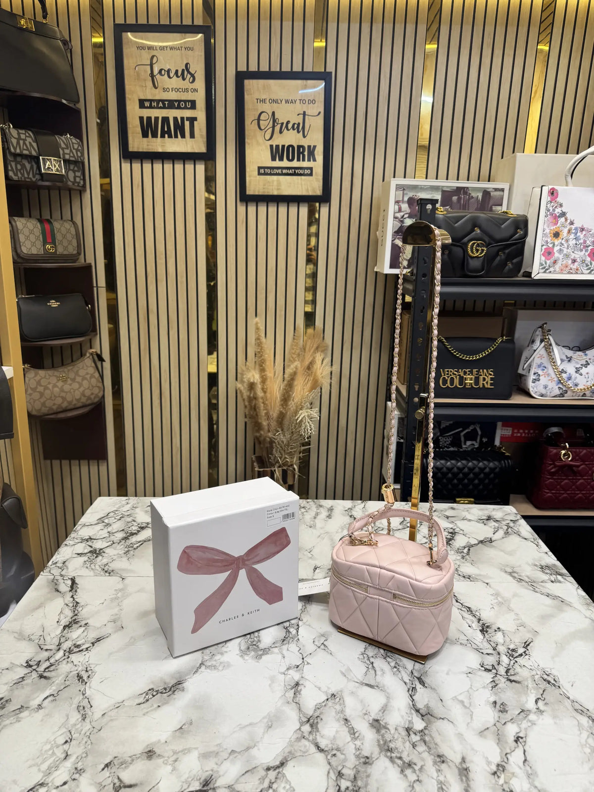Charles  Keith Alva Quilted Top Handle Bag With OG Box  Pink