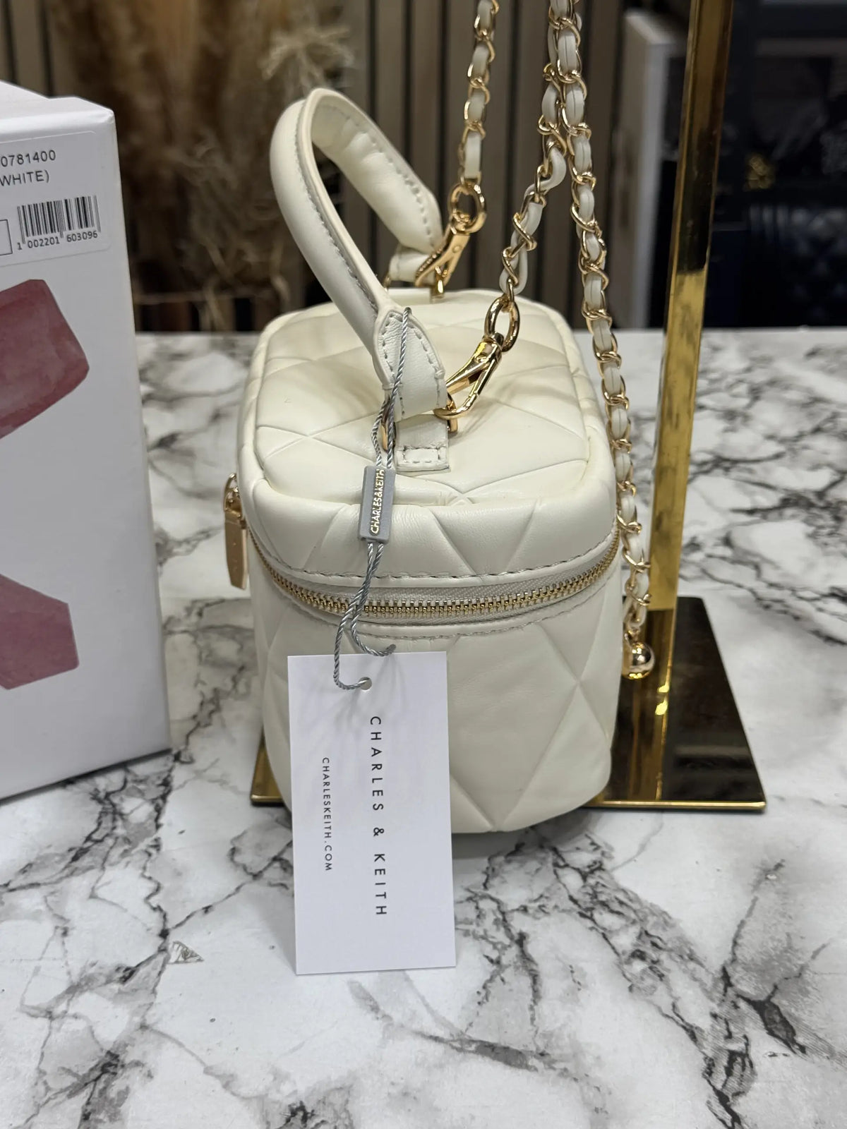 Charles  Keith Alva Quilted Top Handle Bag With OG box  White