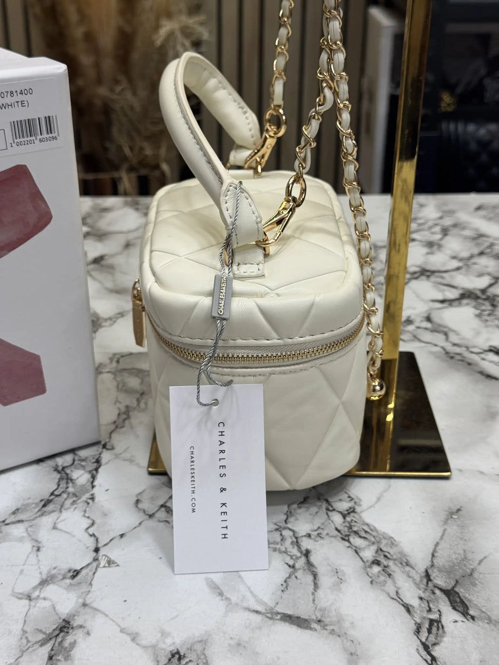 Charles  Keith Alva Quilted Top Handle Bag With OG box  White
