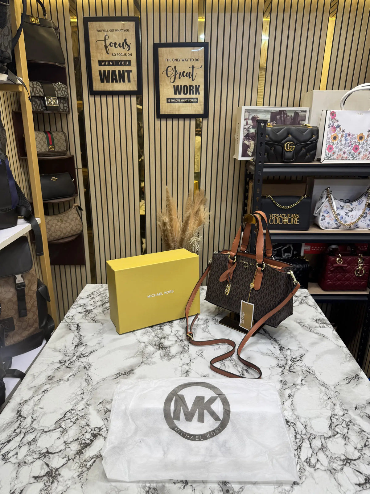 Michael Kors Emma Signature MK Satchel Tote With Shoulder Strap With Box And Dust Bag Coffee