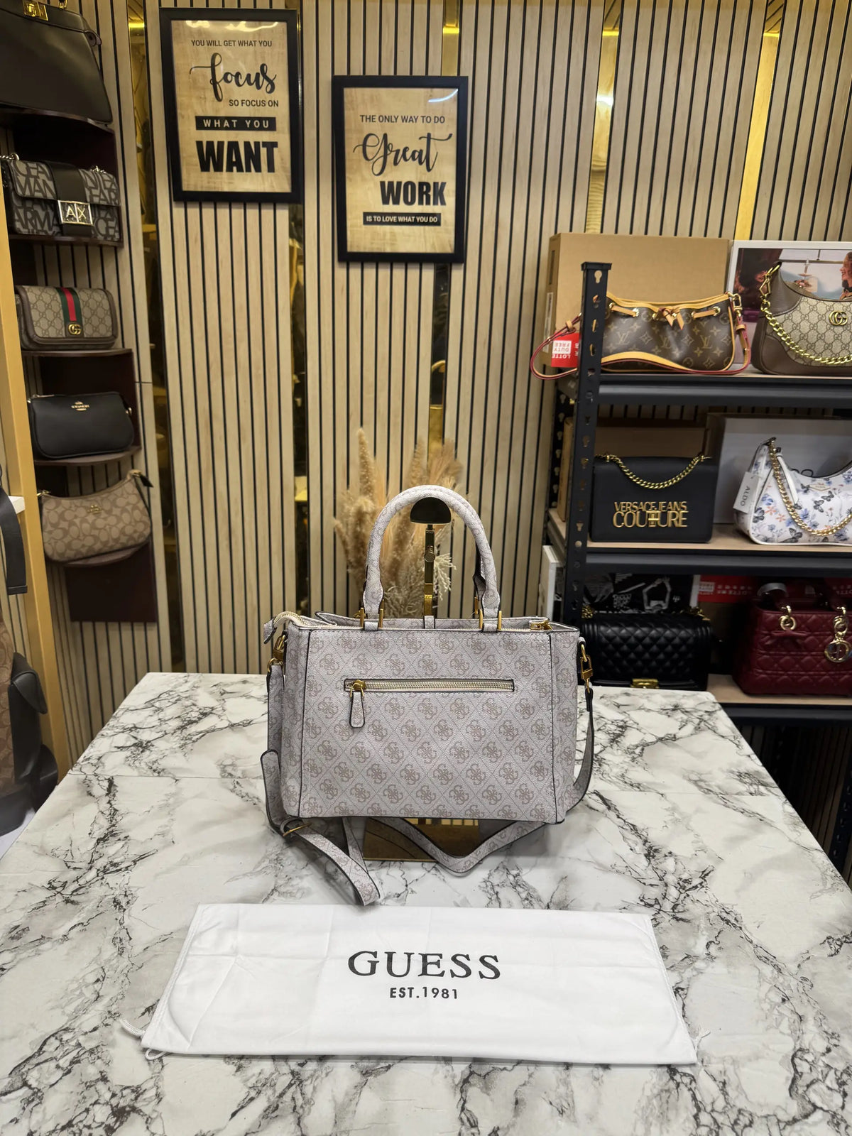 Guess Monogram Logo Satchel Bag Grey With Dust Bag
