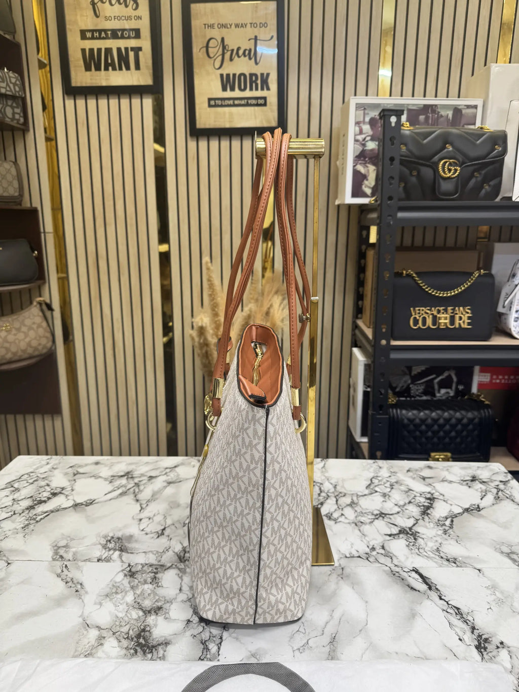 Michael Kors Jet Set Travel Large Logo Tote Bag  With Dust Bag  Biege Brown