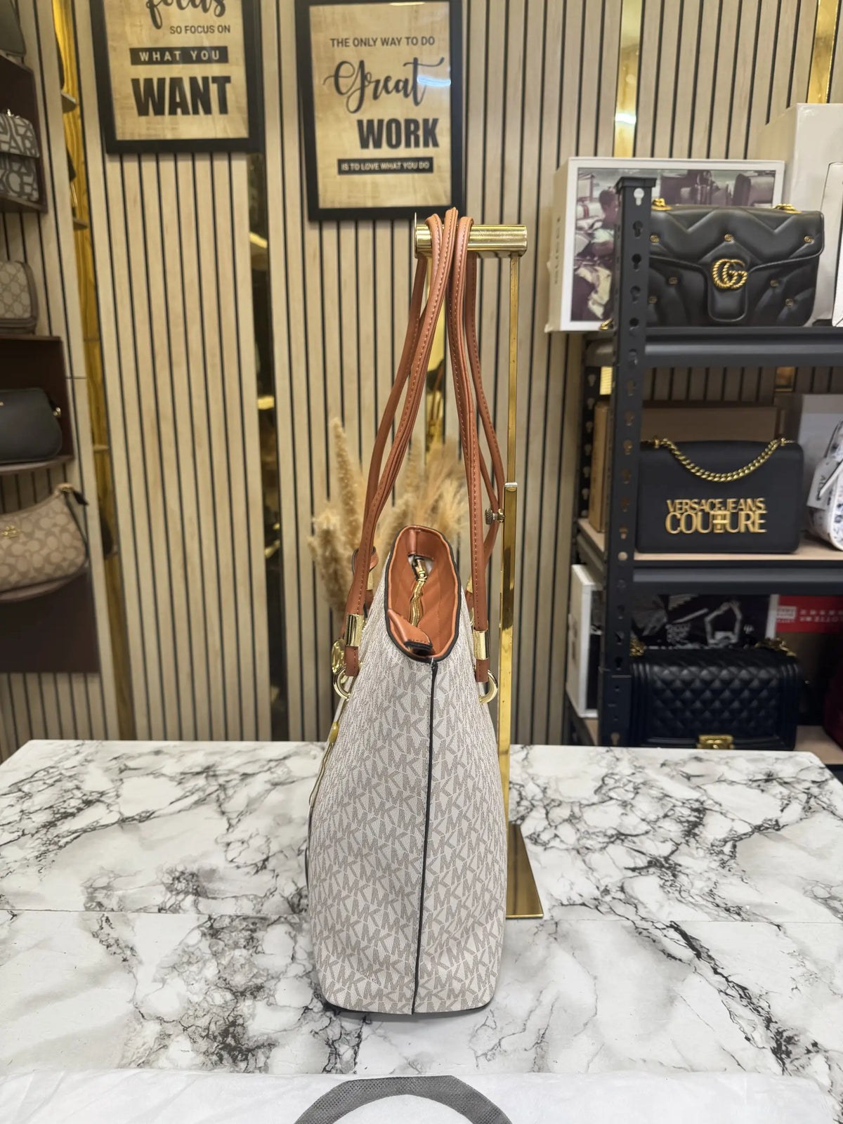 Michael Kors Jet Set Travel Large Logo Tote Bag  With Dust Bag  Biege Brown