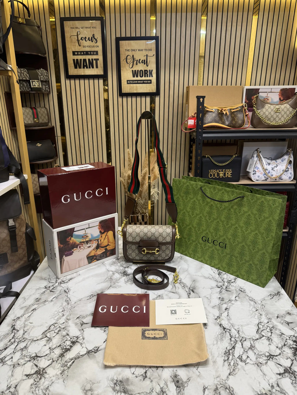 Gucci Horsebit 1955 Shoulder Bag GG Supreme Brown With Double Box Carry Bag  Dust Bag 658574