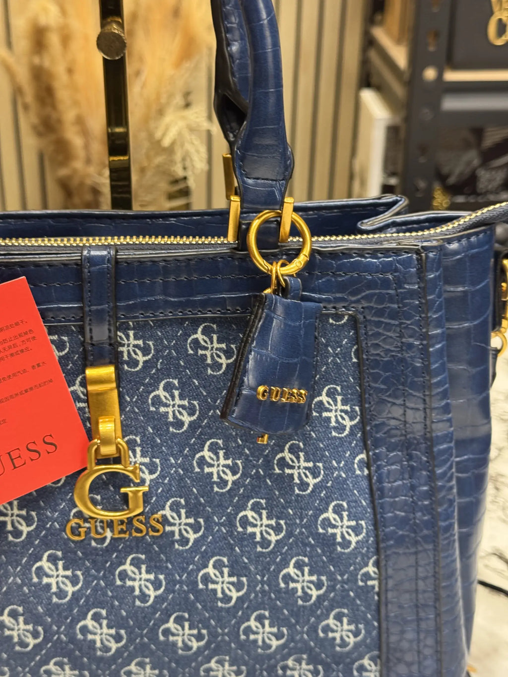 Guess Monogram Logo Satchel Bag Navy Blue With Dust Bag