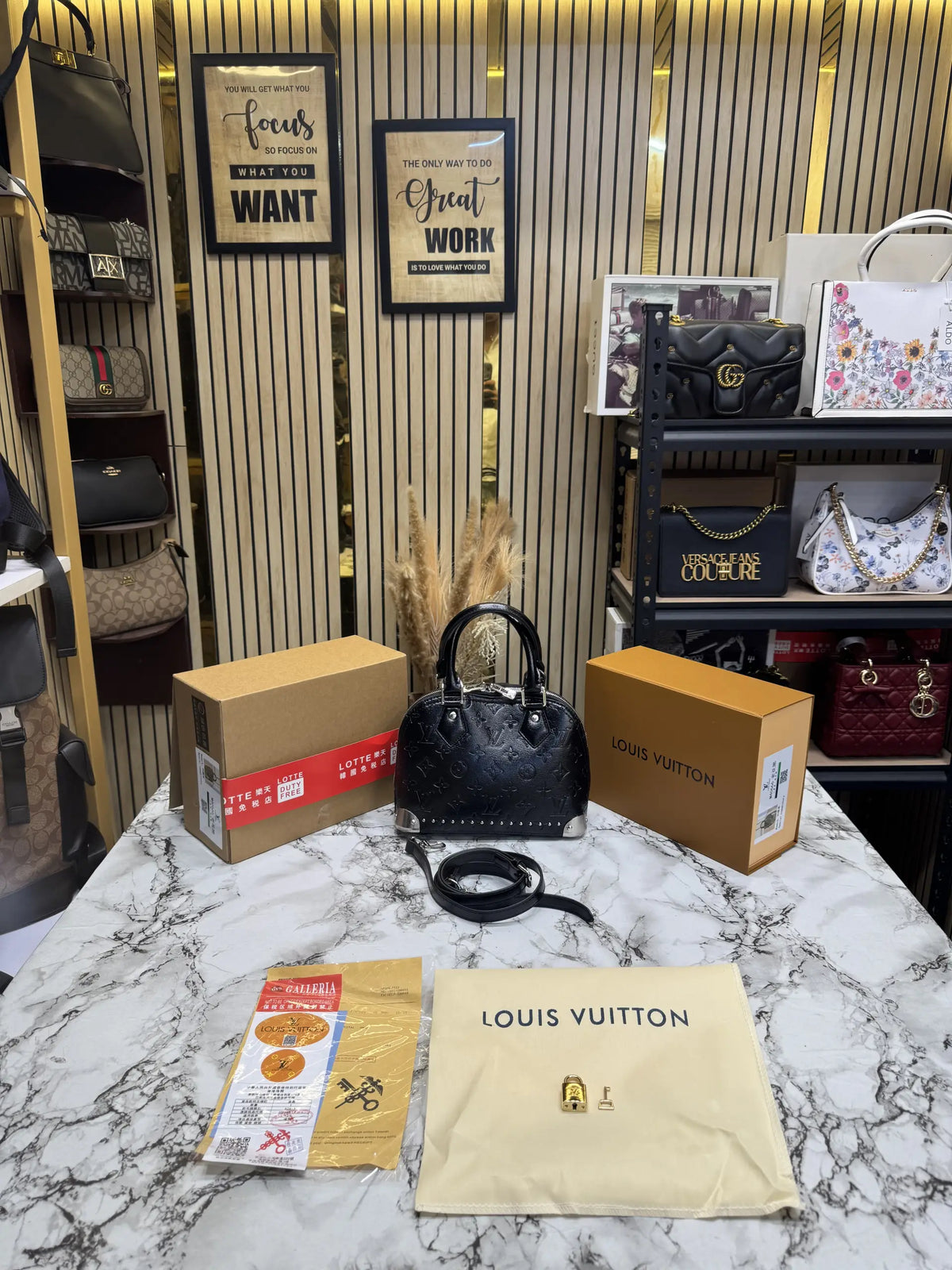 LOUIS VUITTON ALMA TRUNK BB MONOGRAM PREMIUM BAG WITH OG DOUBLE BOX AND DUST BAG BLACK