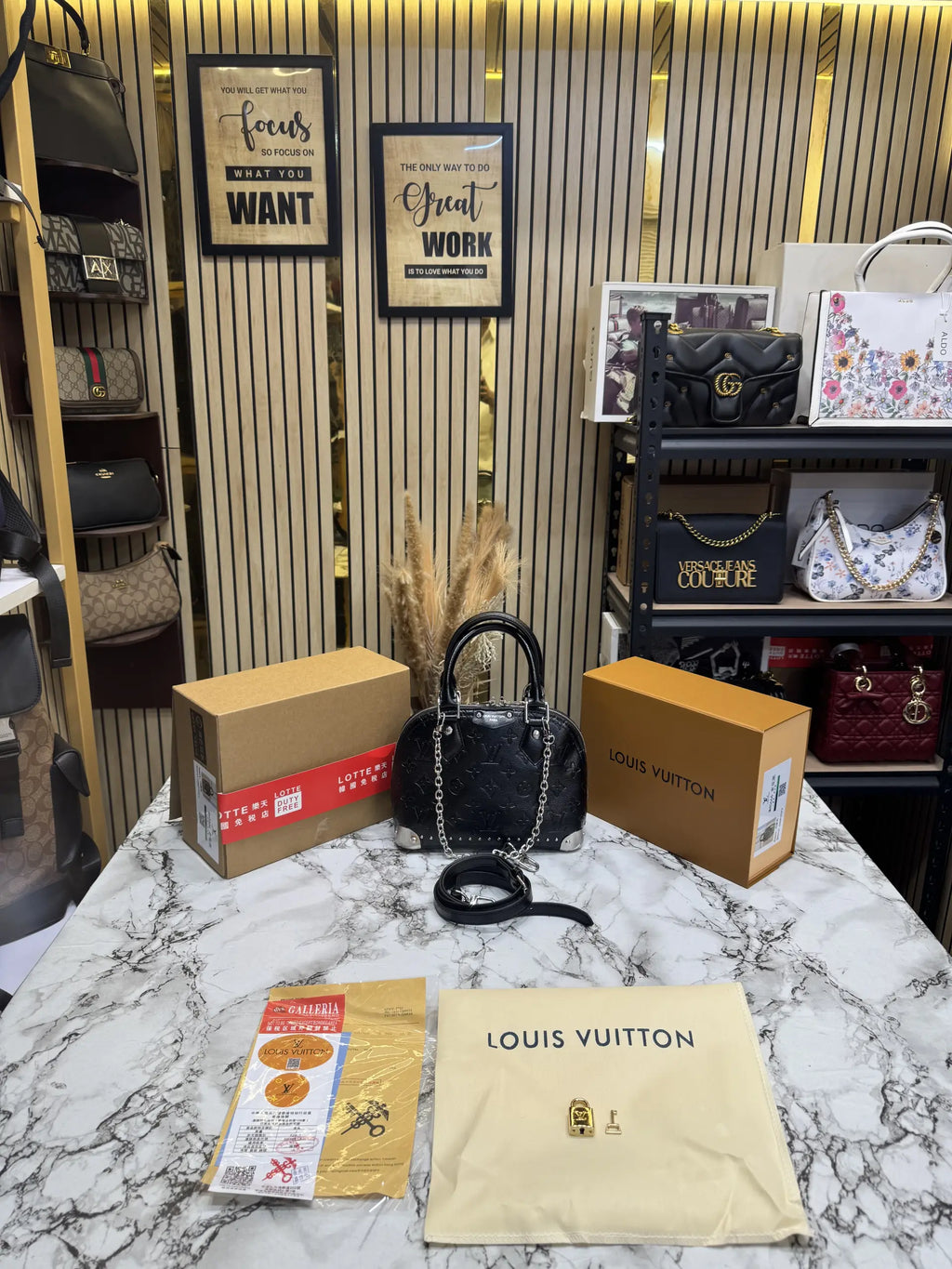 LOUIS VUITTON ALMA TRUNK BB MONOGRAM PREMIUM BAG WITH OG DOUBLE BOX AND DUST BAG BLACK