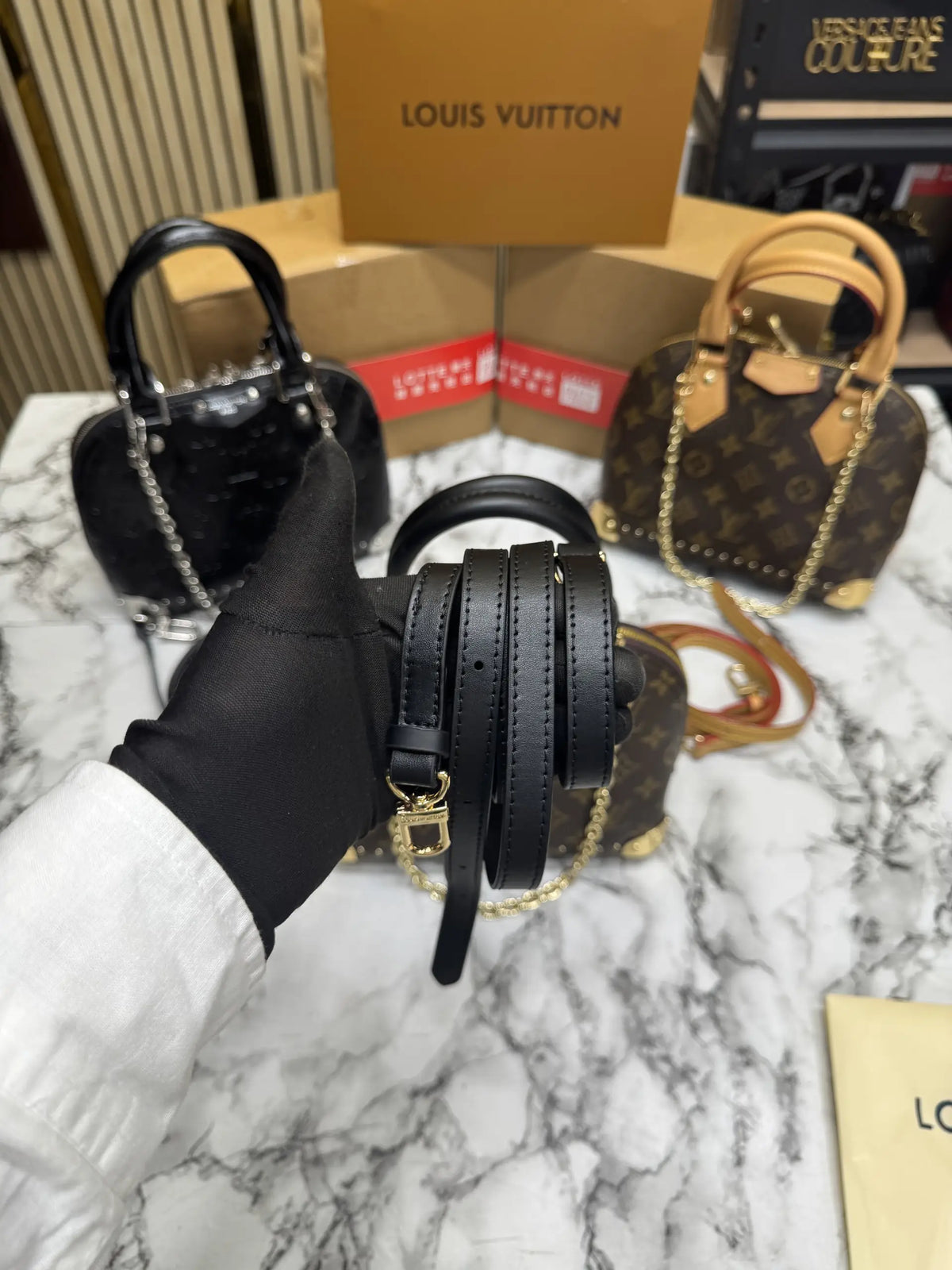 LOUIS VUITTON ALMA TRUNK BB MONOGRAM PREMIUM BAG WITH OG DOUBLE BOX AND DUST BAG BLACK