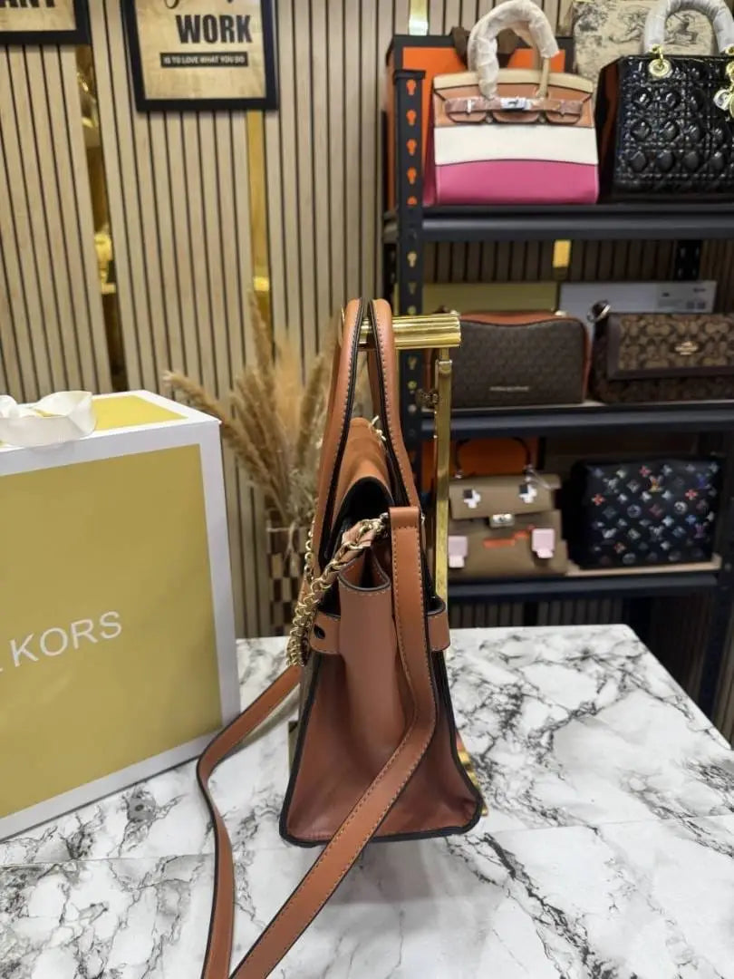 Michael kors Signature Carmen Flap Leather Satchel Handbag Brown