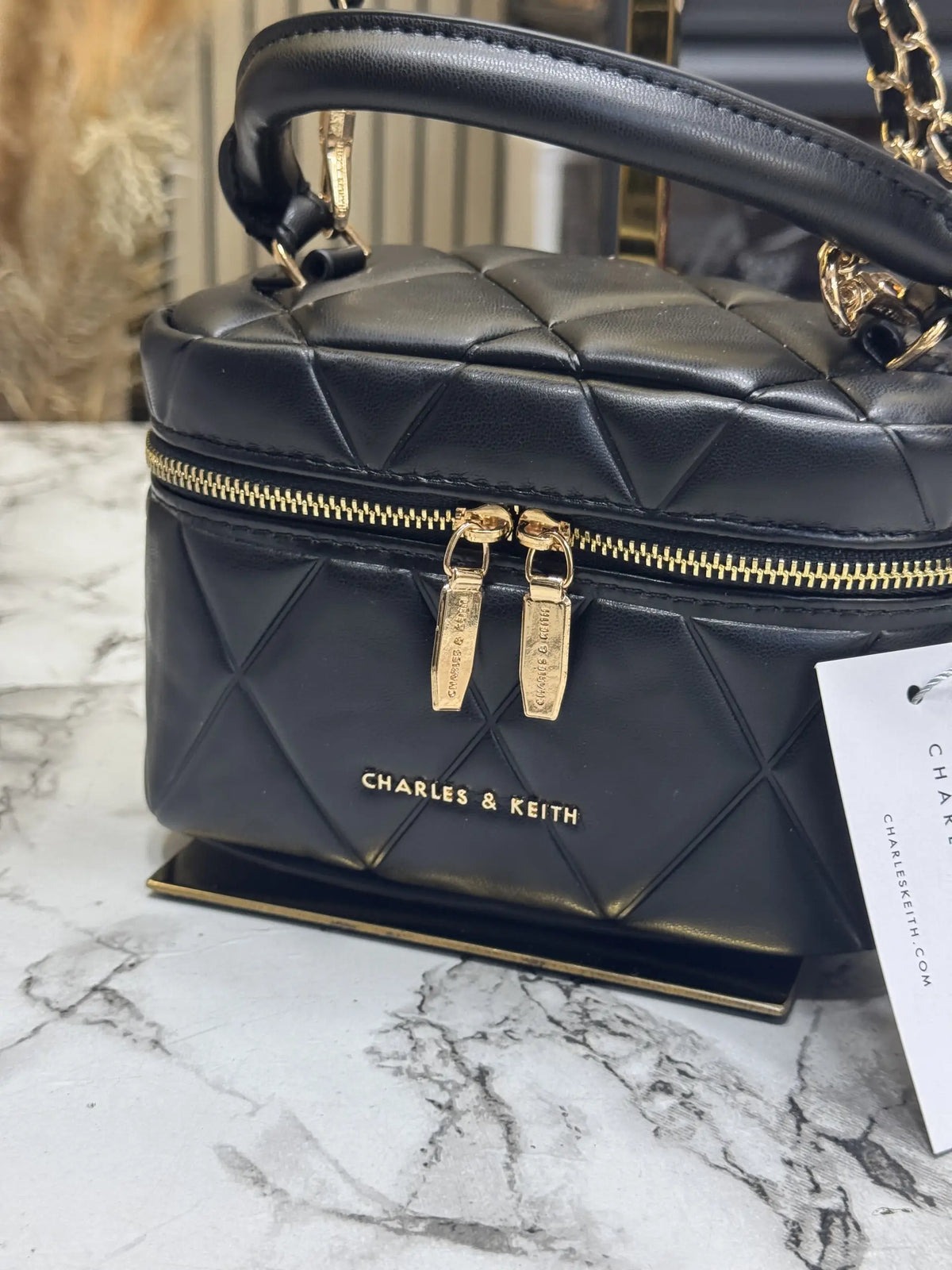 Charles  Keith Alva Quilted Top Handle Bag With OG Box  Black