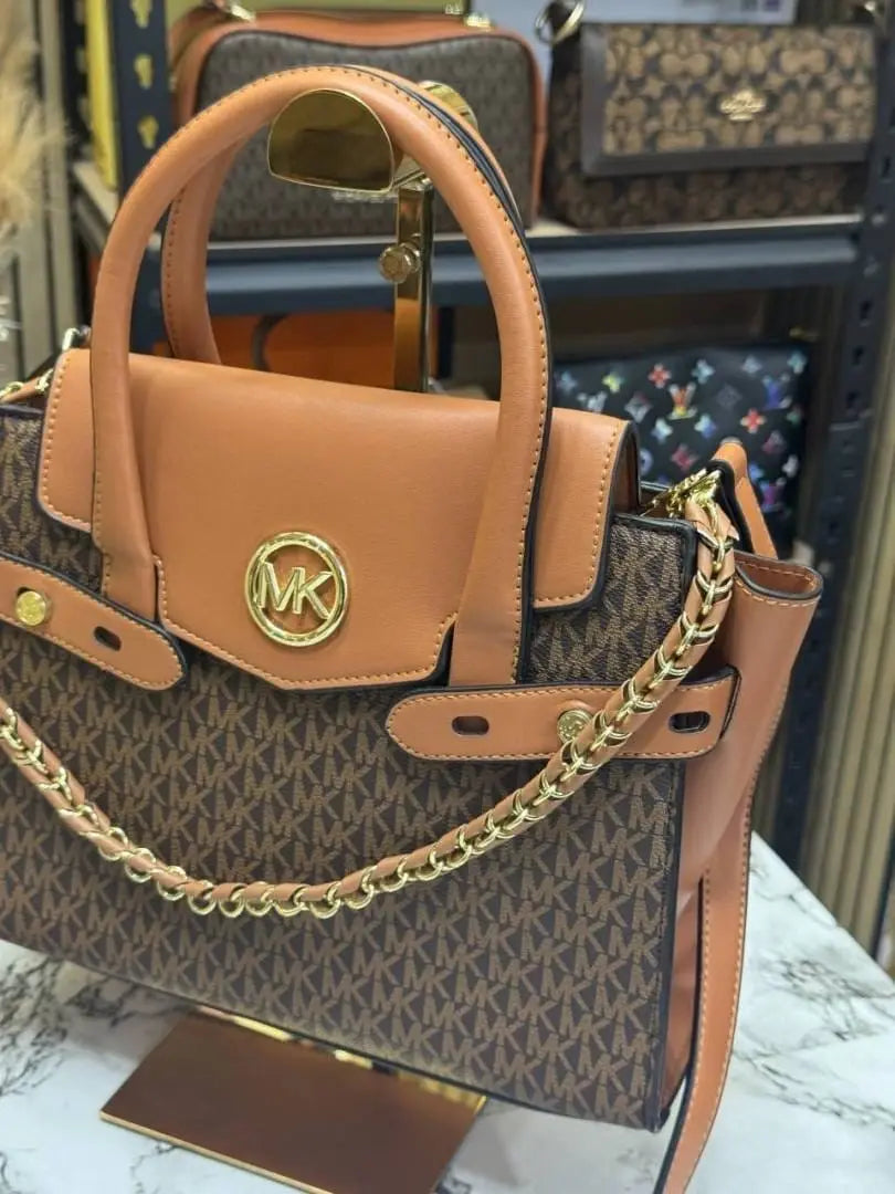 Michael kors Signature Carmen Flap Leather Satchel Handbag Brown