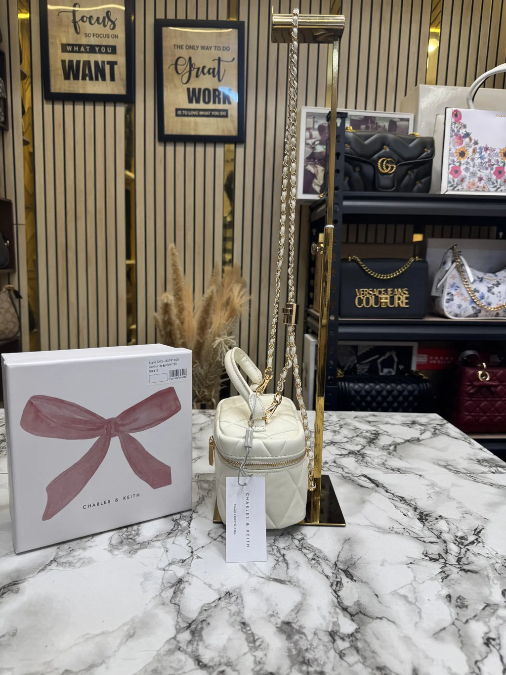 Charles  Keith Alva Quilted Top Handle Bag With OG box  White