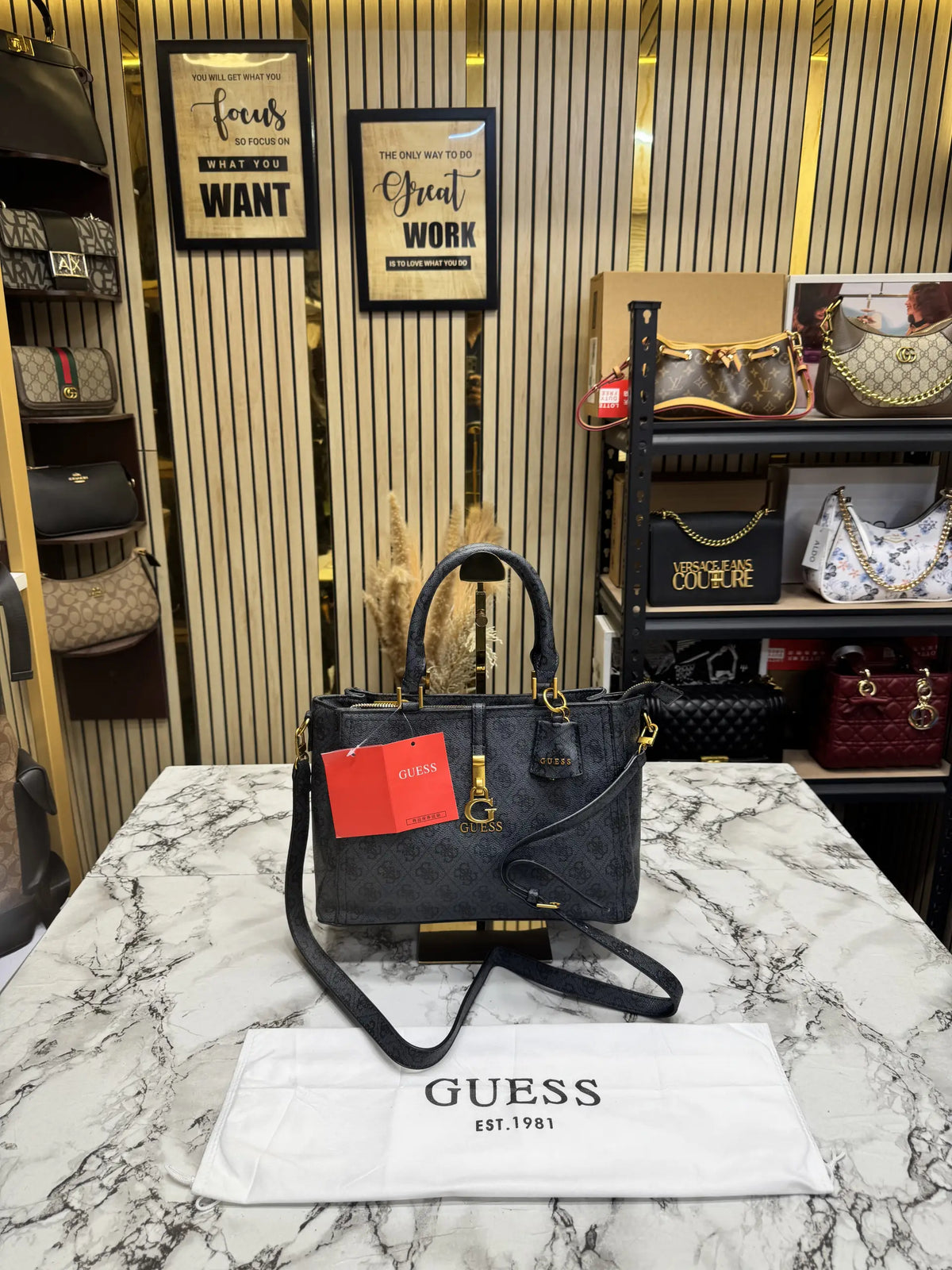 Guess Monogram Logo Satchel Bag Black With Dust Bag