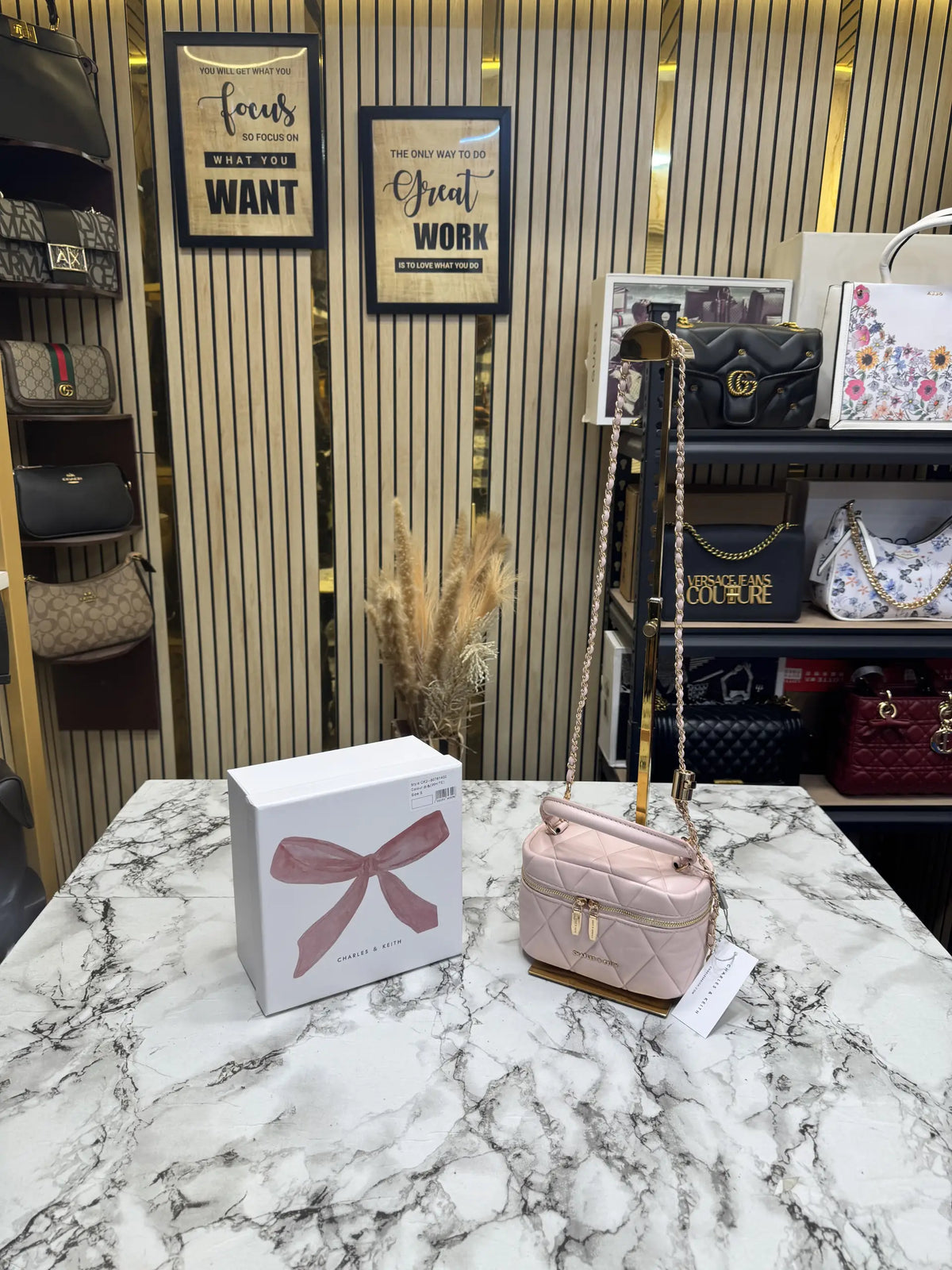 Charles  Keith Alva Quilted Top Handle Bag With OG Box  Pink