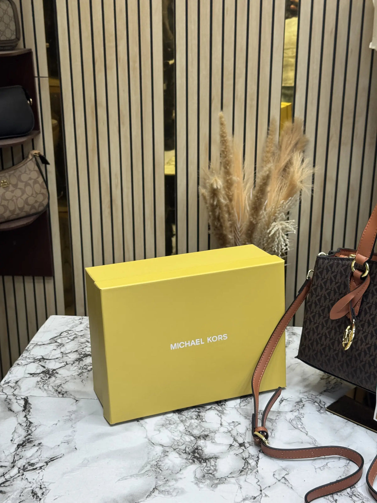 Michael Kors Emma Signature MK Satchel Tote With Shoulder Strap With Box And Dust Bag Coffee